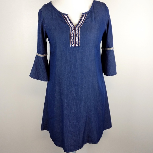 Anthropologie Naïf Chambray Dress Bell Sleeve with Embroidery - Picture 2 of 6